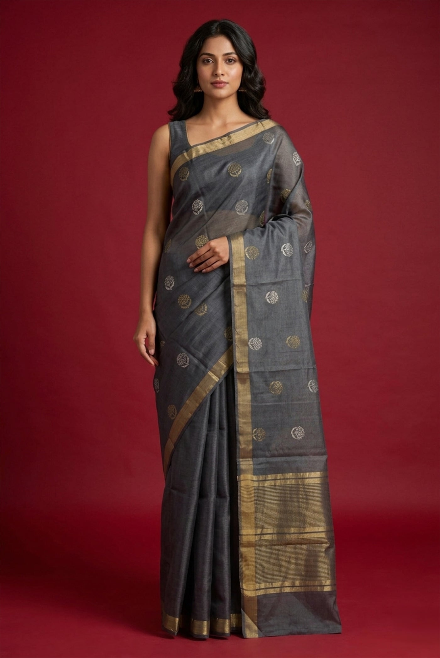 Model wearing a Orchard Orchestra-Grey Bhagalpuri Tussar Silk Saree