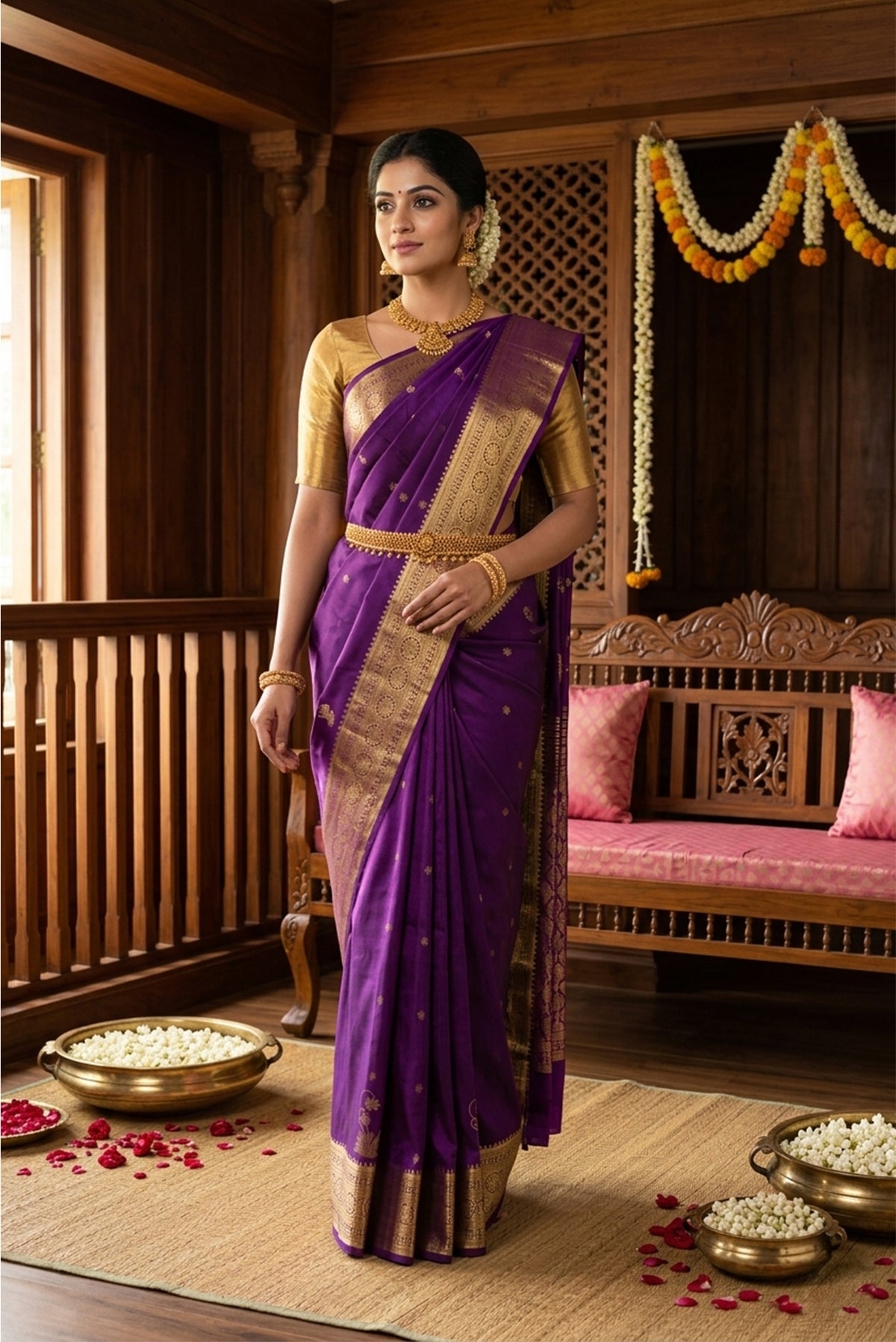 Model wearing a Tarangini-Purple Kanchipuram Silk Saree