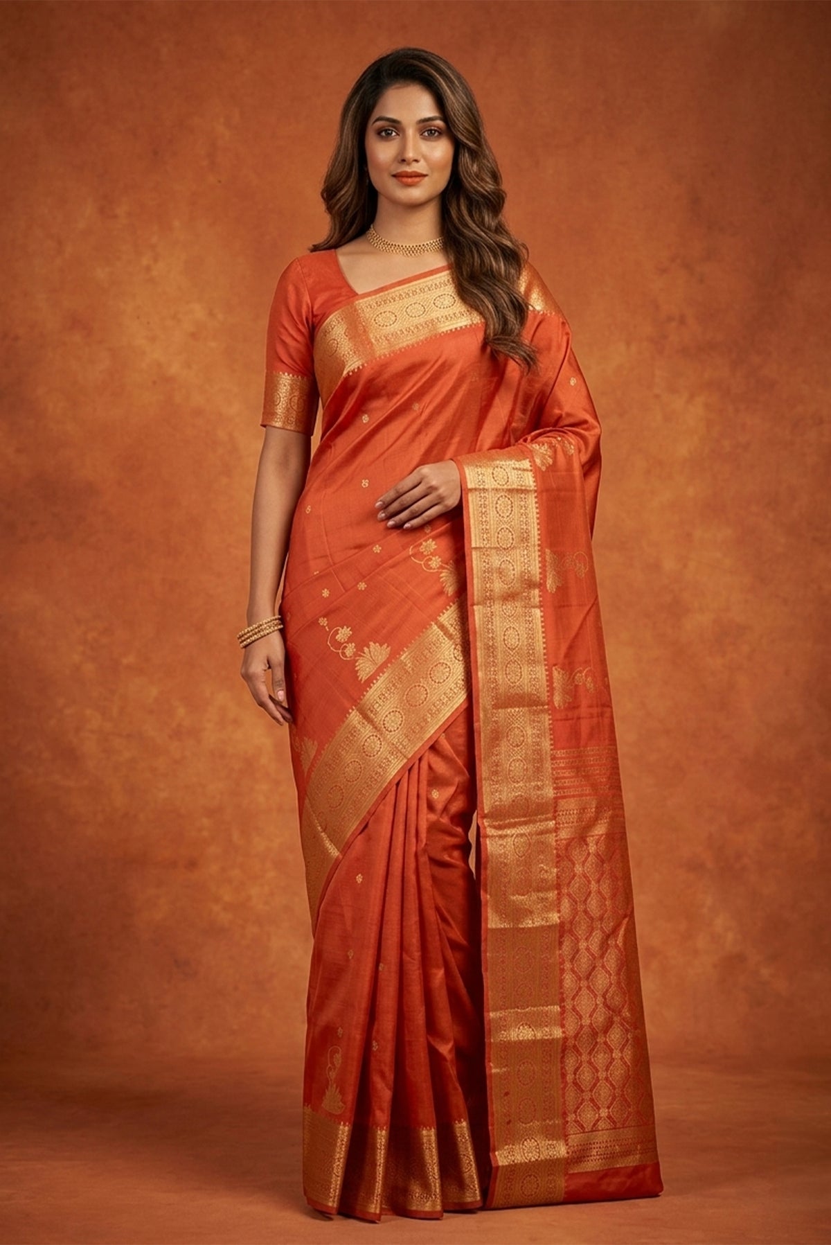 Model wearing a Tarangini-Orange Kanchipuram Silk Saree