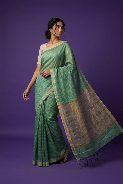 Model wearing a Aahana-Green Bhagalpuri Tussar Silk Saree