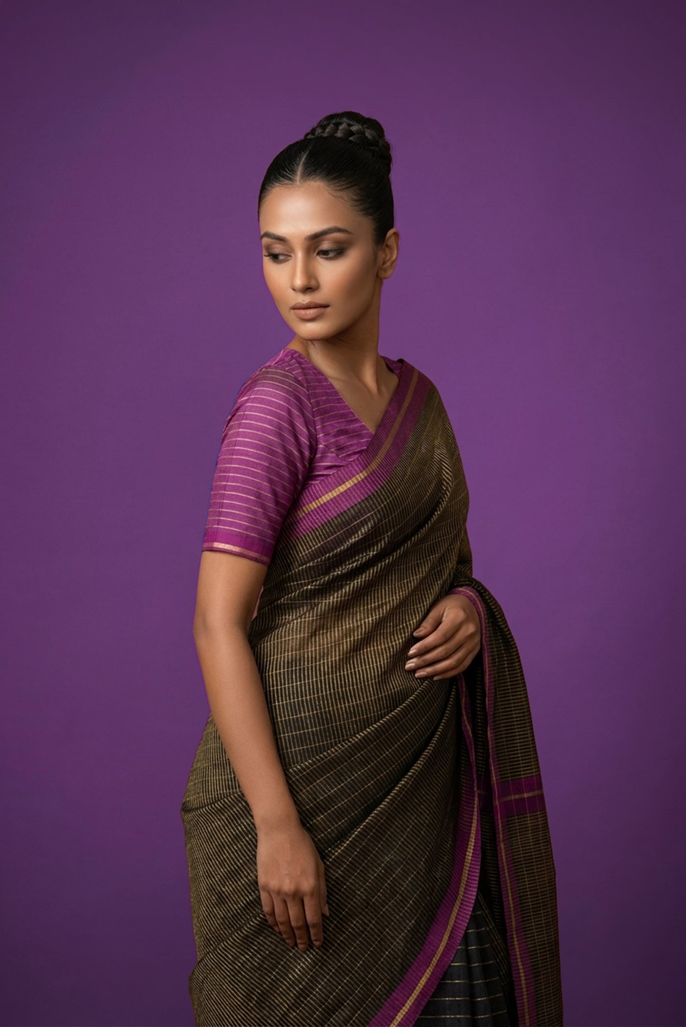 Model wearing a Black Bhagalpuri Tussar Silk Saree