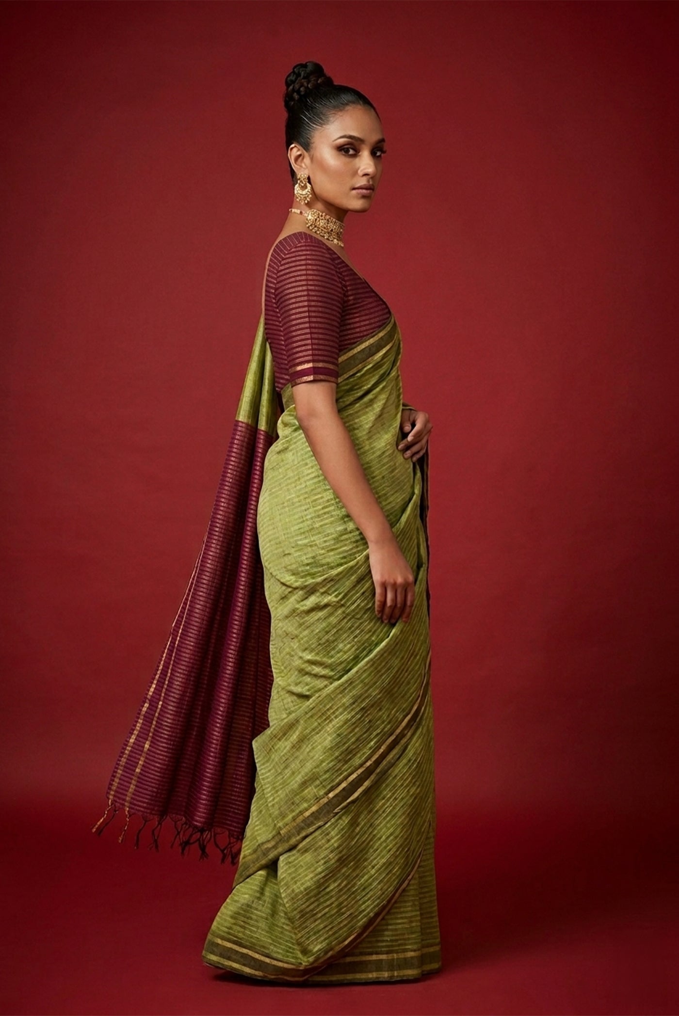 Model wearing a Green Bhagalpuri Tussar Silk Saree