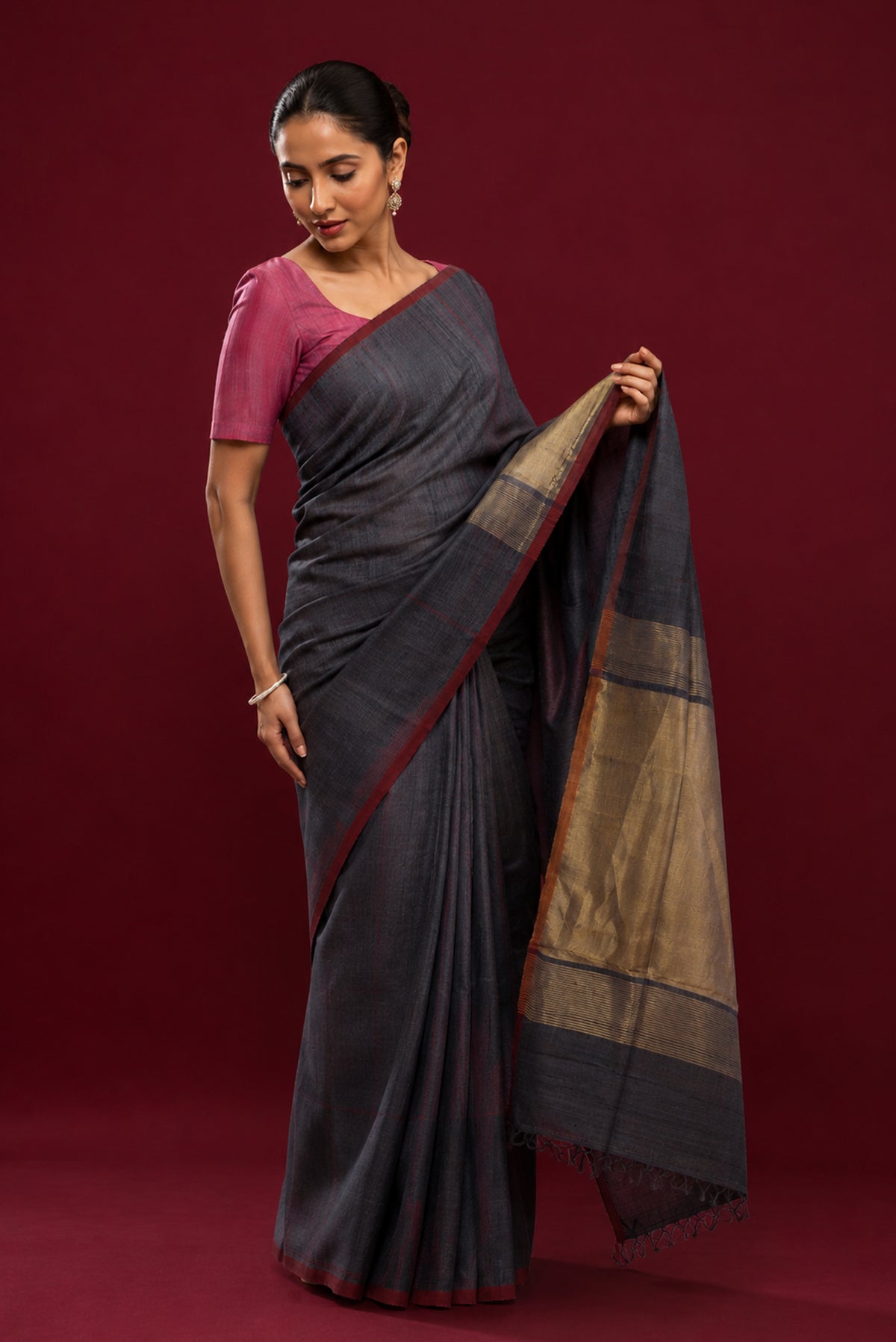Model wearing a Black Tussar Silk Saree