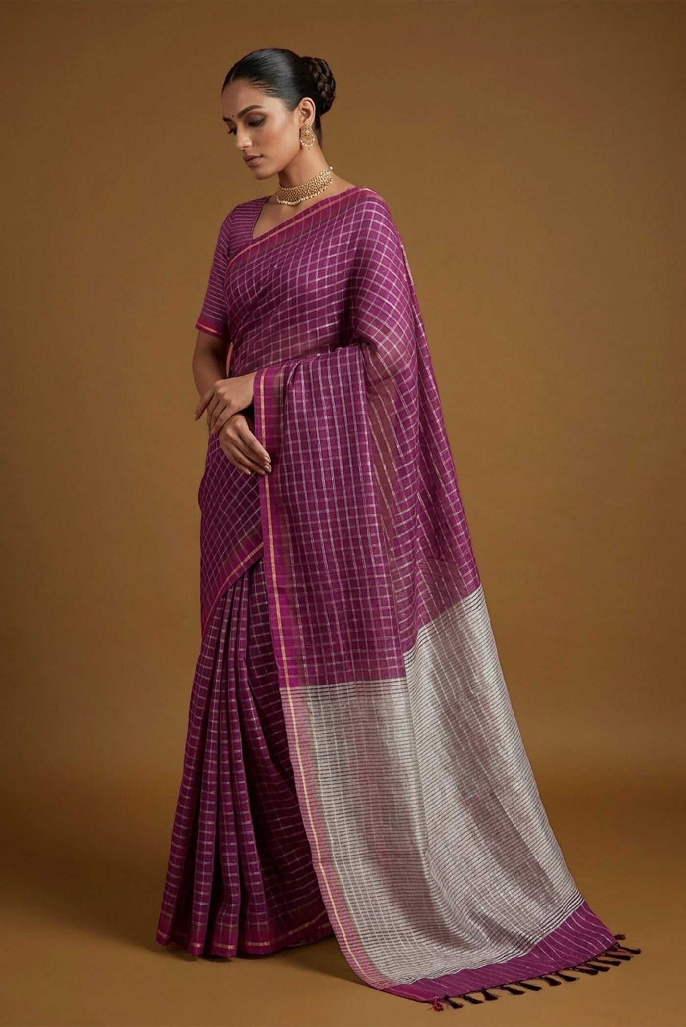 Model wearing a Metallic Magenta-Magenta Bhagalpuri Tussar Silk Saree