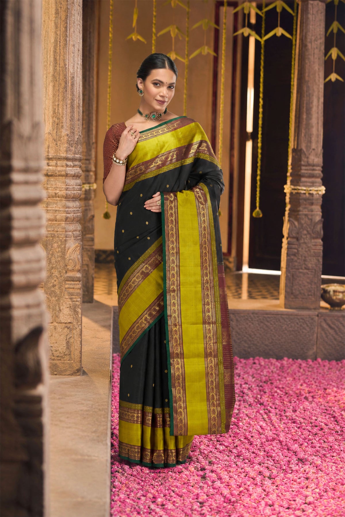 Tamira-Pure Silk Pure Gold Zari Black Kanchipuram Saree