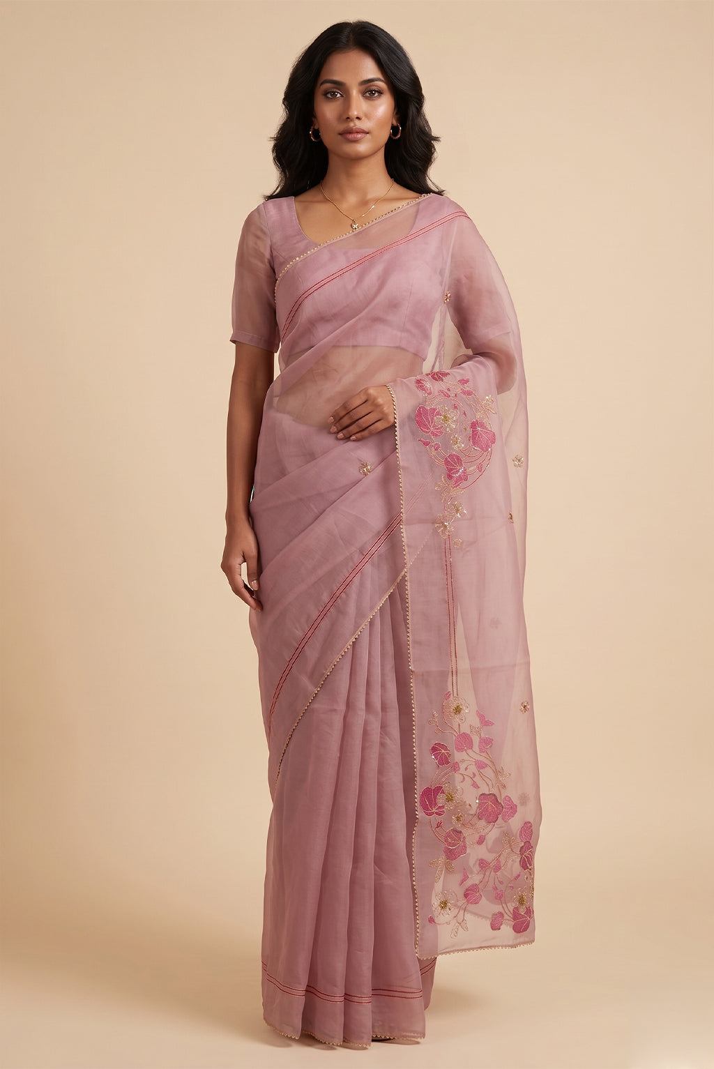 Model wearing a Aboli-Pink Organza Silk Saree