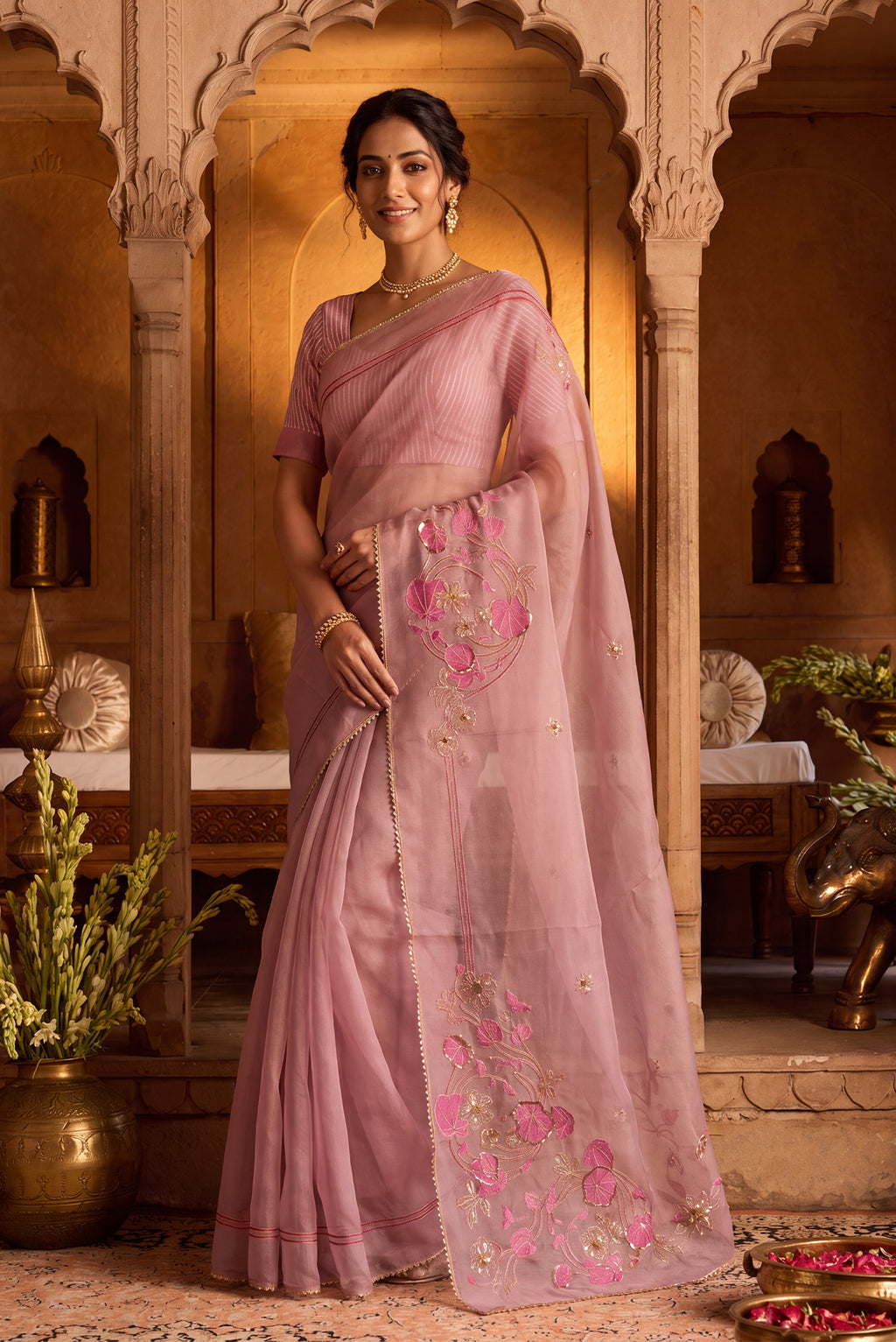 Aboli-Pink Zardozi Organza Silk Saree