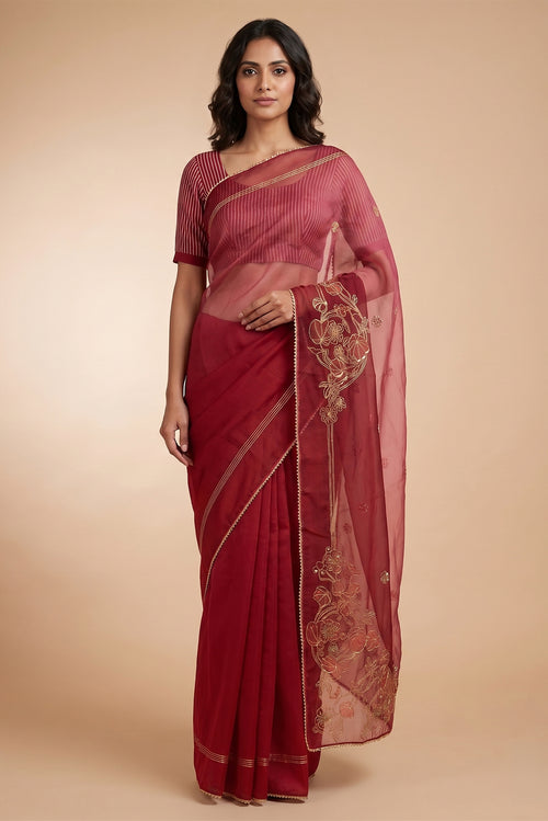 Model wearing a Aboli-Maroon Organza Silk Saree