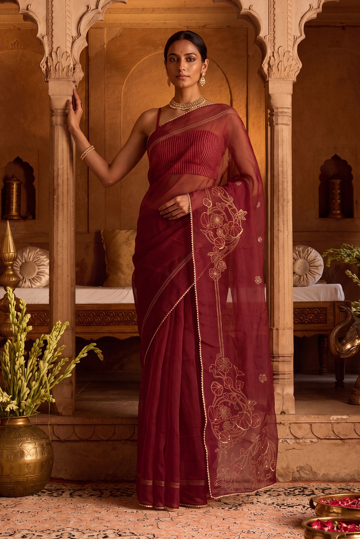 Aboli-Maroon Zardozi Organza Silk Saree