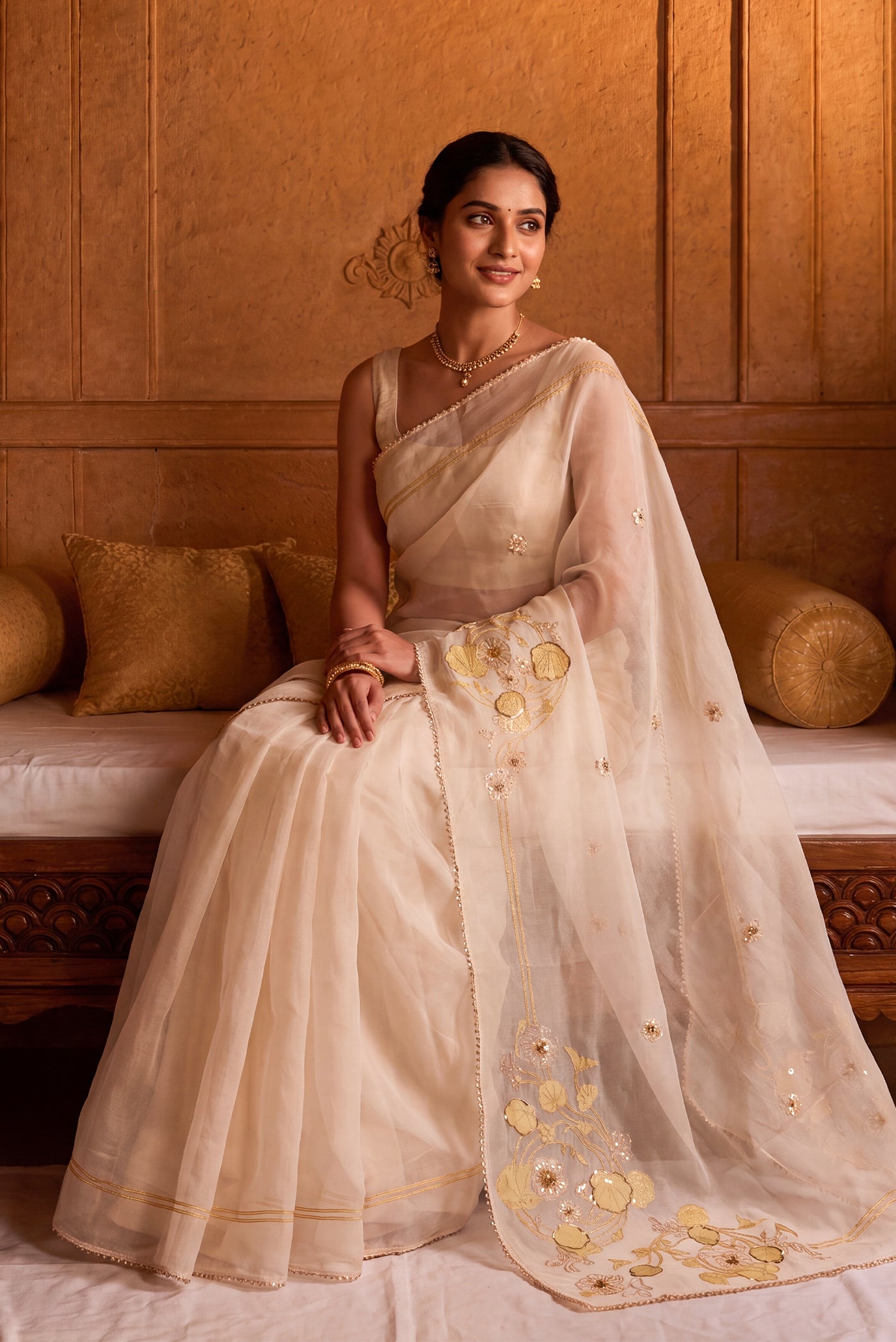 Aboli-Cream Zardozi Organza Silk Saree