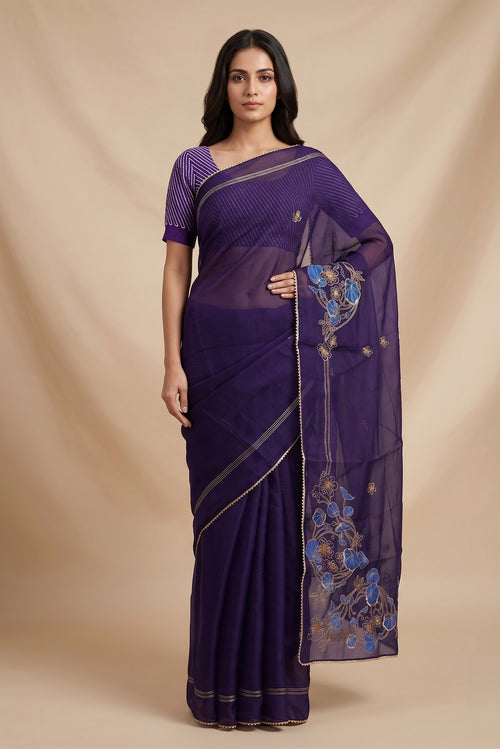 Model wearing a Aboli-Navy Blue Organza Silk Saree