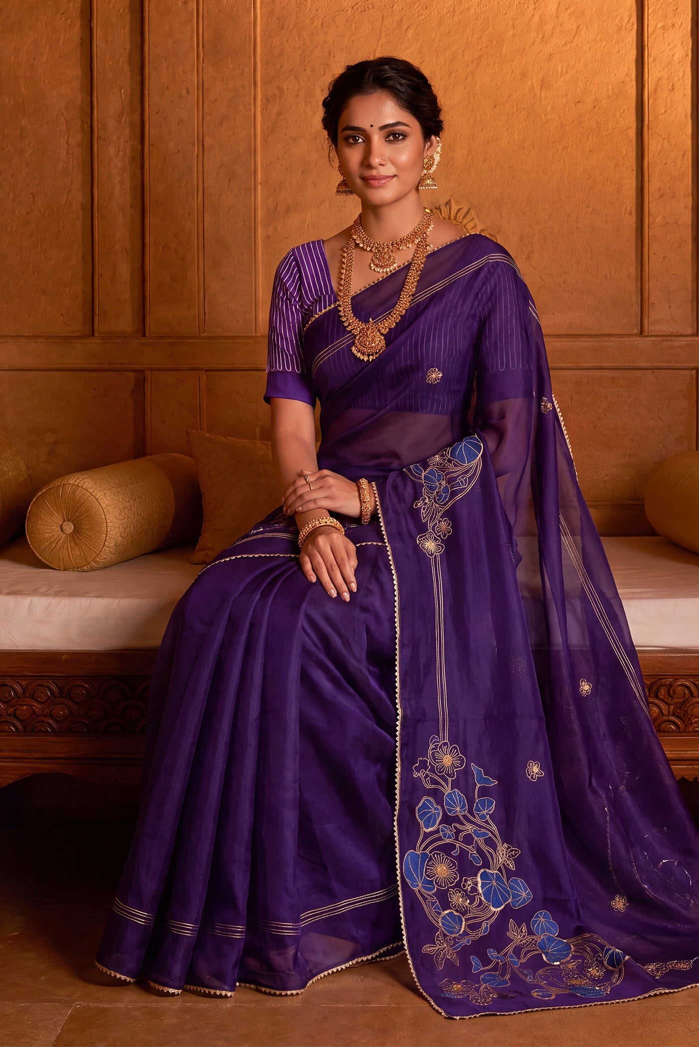 Aboli-Navy Blue Zardozi Organza Silk Saree