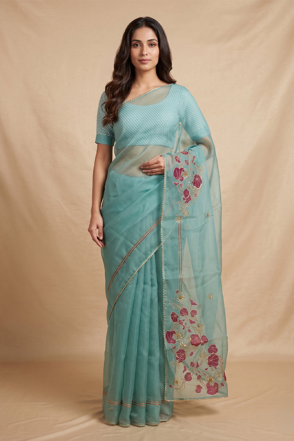 Model wearing a Aboli-Green Organza Silk Saree