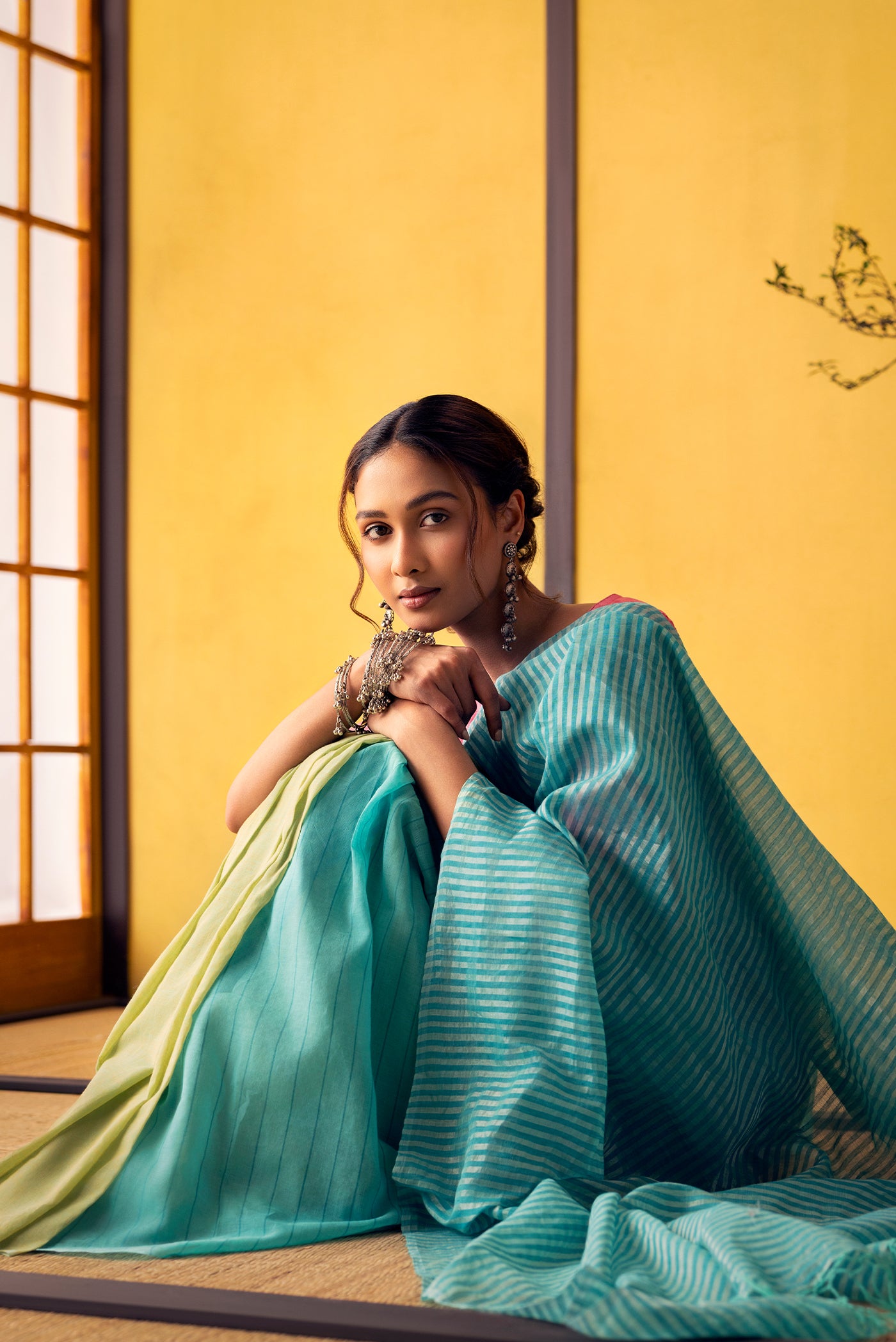 Mogra-Blue with Green Half and Half Cotton Saree