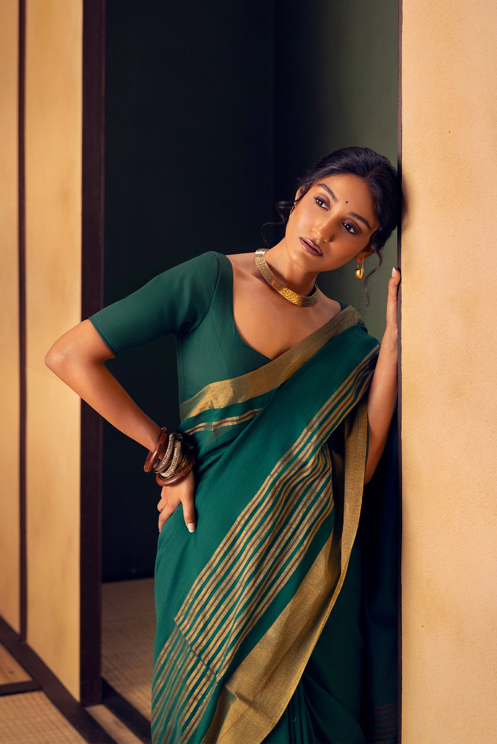 Surahi-Bottle Green Cotton Saree
