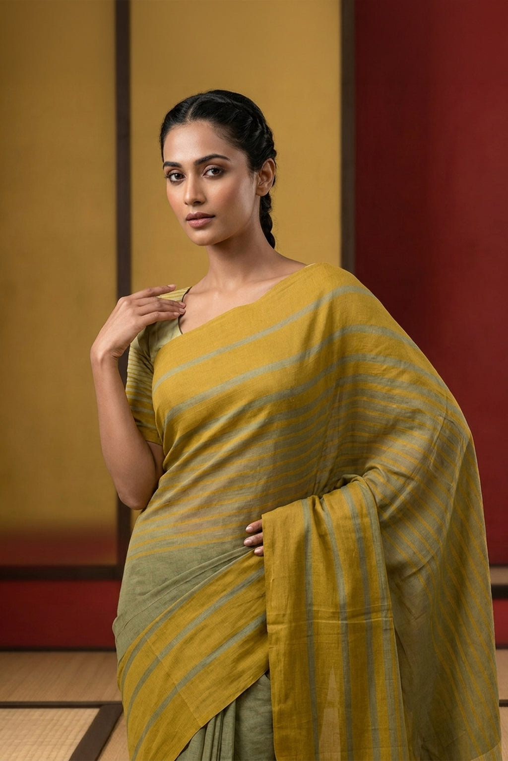 Model wearing a Titli, framed with proportioned stripes that gradually narrow towards the body, bringing together a vibrant palette in harmony. Where the border and pallu stripes meet, tiny checks appear, evoking abstract butterflies - delicate creatures of spring and summer. The plain body offers soft contrast, allowing the colours to shine. On the pallu, these stripes return as subtle checks, adding a light, balanced finish.