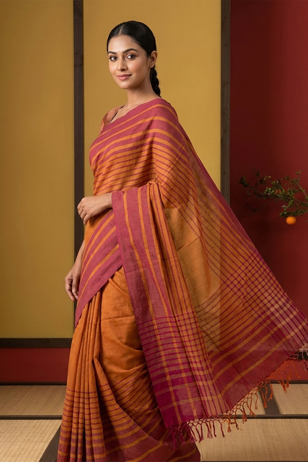 Model wearing a Titli, framed with proportioned stripes that gradually narrow towards the body, bringing together a vibrant palette in harmony. Where the border and pallu stripes meet, tiny checks appear, evoking abstract butterflies - delicate creatures of spring and summer. The plain body offers soft contrast, allowing the colours to shine. On the pallu, these stripes return as subtle checks, adding a light, balanced finish.