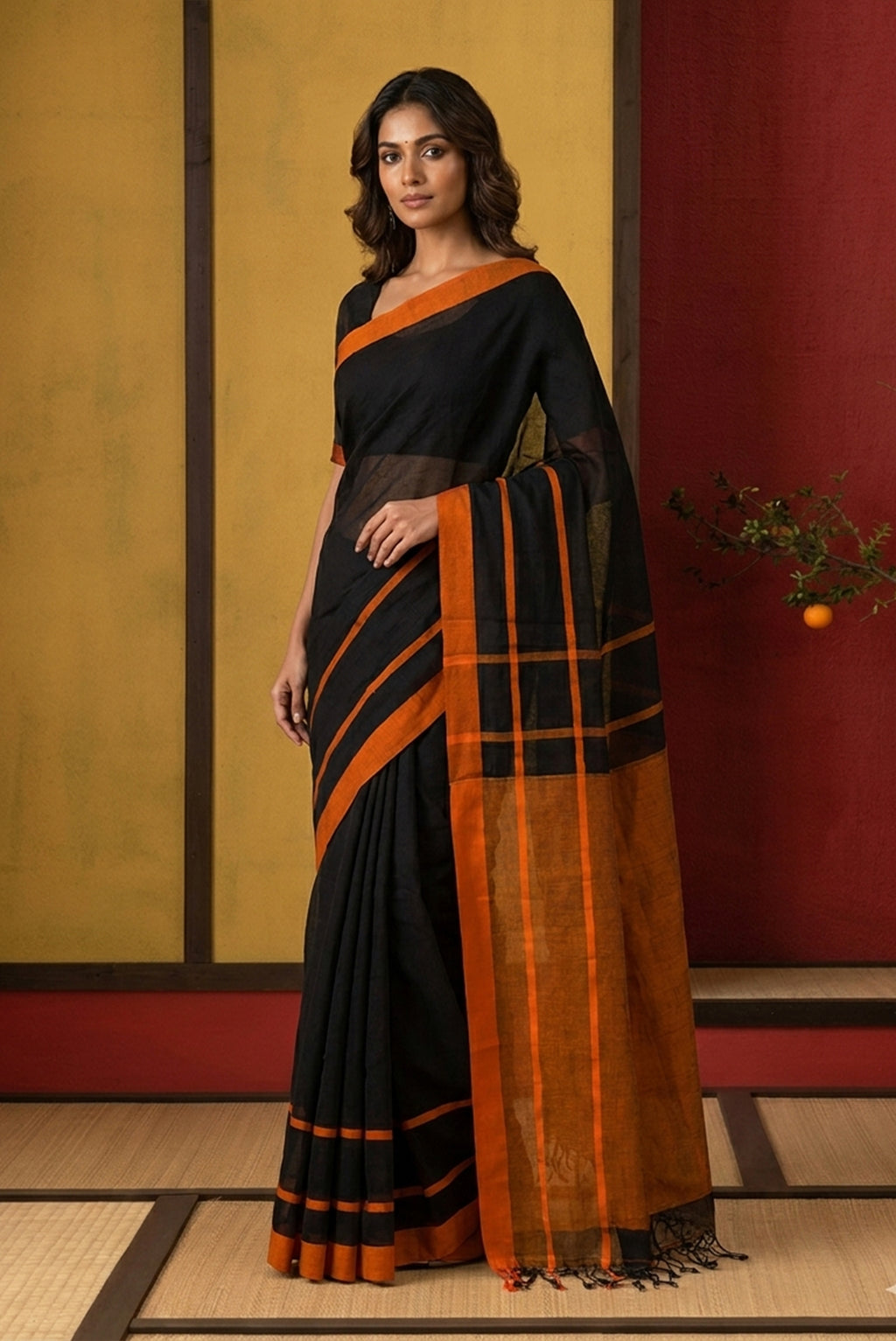 Model wearing a Chhaya, our Bengal cotton saree, draws inspiration from the clean, modern lines of Piet Mondrian. A contrasting band forms the top border, creating a striking visual highlight across the body, while minimal stripes along the base and pallu introduce structure and balance. Bold colour blocks reinterpret Chhaya, meaning shadow in Hindi, and the solid pallu completes the look with contemporary ease.