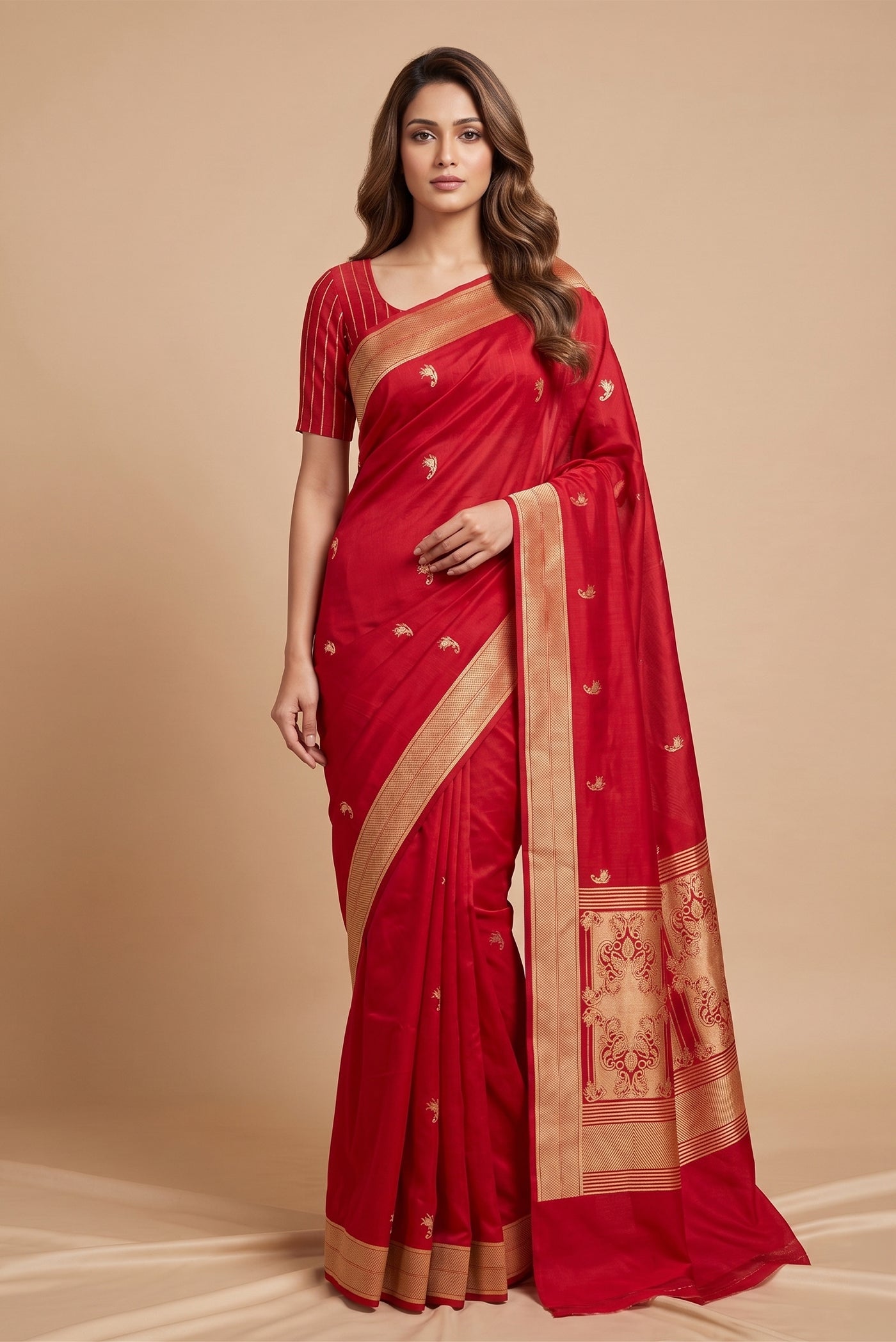 Model wearing a Shyama, handwoven in rich Katan silk, brings together the finesse of the kadhua technique with the quiet duality of gold zari and silver meenakari. Inspired by the stylised lilies of Art Nouveau, naturalistic lily butis bloom in a neat, straight repeat across the body. Solid gold twill borders and a bold twill pallu, framed with delicate lily motifs and silver meenakari accents, lend the saree depth and refined balance.