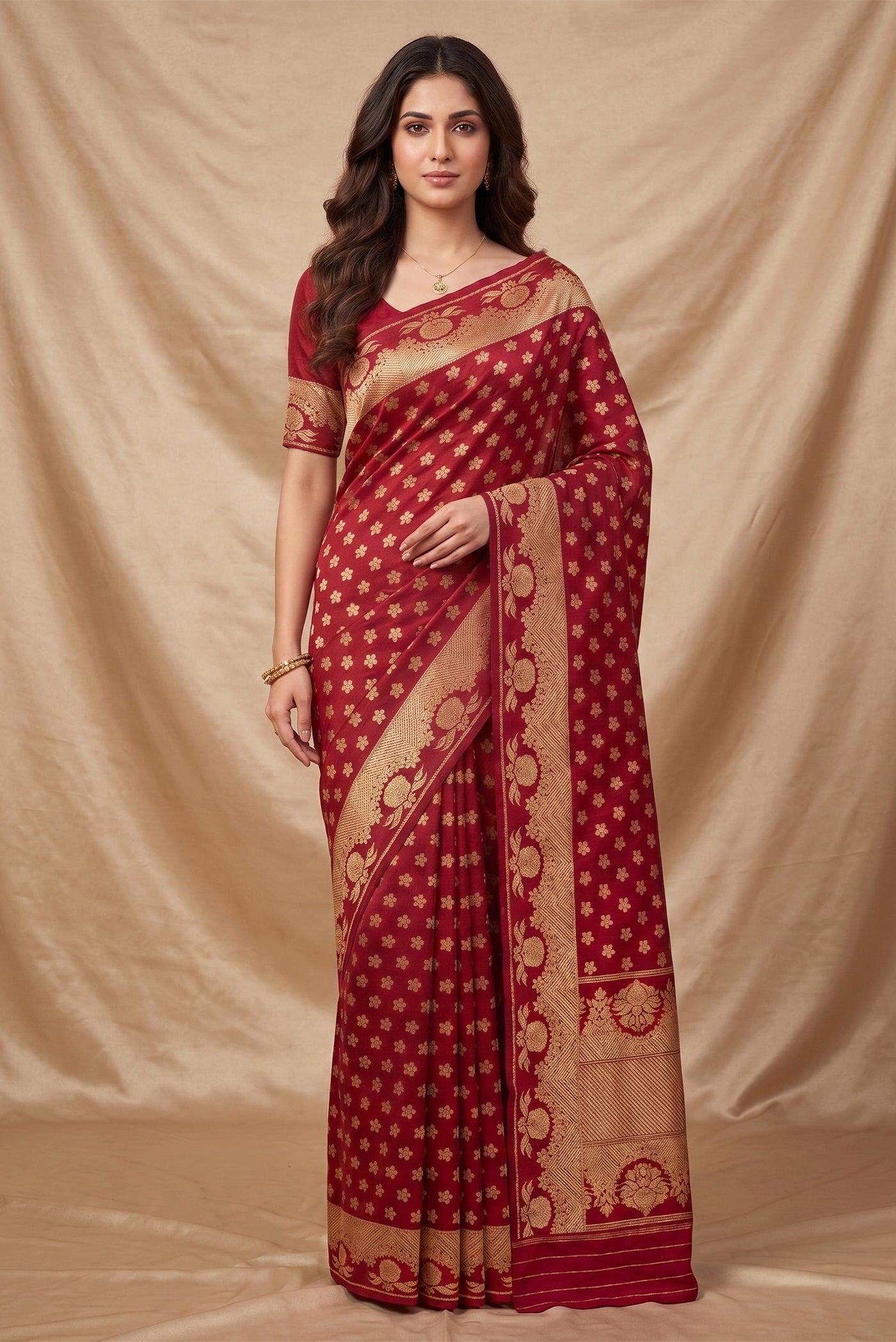 Model wearing a Gulal, handwoven in Katan silk with gold zari, is crafted using the phekwa technique, allowing closely spaced motifs to emerge with precision. Tiny floral butis in a dense half-step repeat lend the body a soft, textured richness. Art Nouveaunspired floral arches define the borders, each framing a complementary buta, while a solid gold twill pallu completes the saree with depth and classic balance.