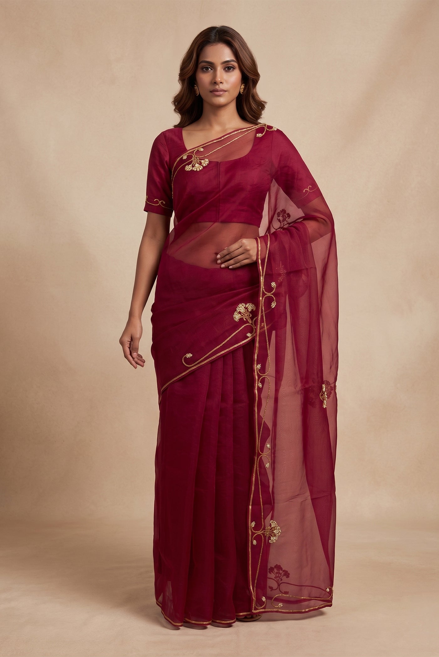 Meher- Maroon Zardozi Organza Silk Saree