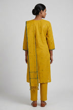 Mustard Pure Cotton Womens Kurta set featuring Thread Butta Kurta paired with Mustard Stripes bottom and a Thread Butta dupatta in Mustard back image displayed on an AI model