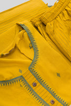 Detailed shot of Mustard Pure Cotton Womens Kurta set featuring Thread Butta Kurta paired with Mustard Stripes bottom and a Thread Butta dupatta in Mustard