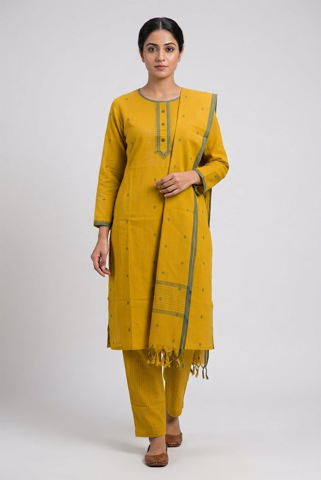 Mustard Pure Cotton Womens Kurta set featuring Thread Butta Kurta paired with Mustard Stripes bottom and a Thread Butta dupatta in Mustard