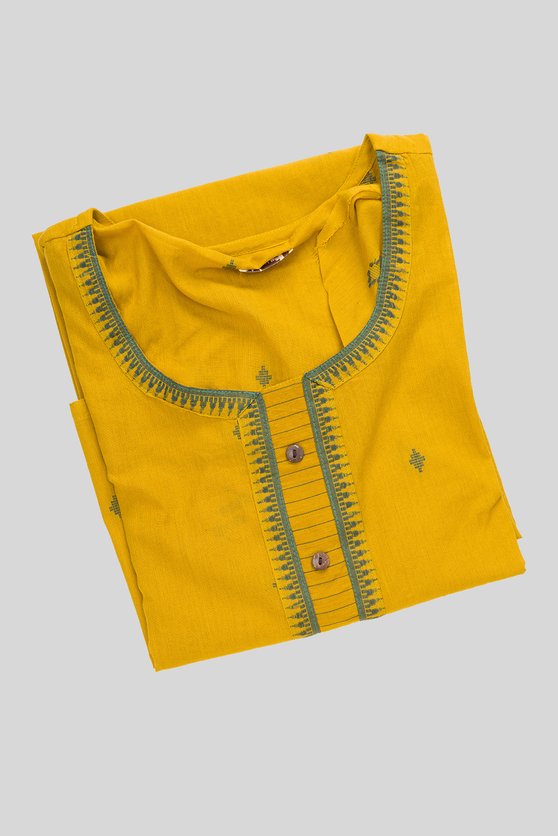 Top view of Mustard Pure Cotton Womens Kurta set featuring Thread Butta Kurta paired with Mustard Stripes bottom and a Thread Butta dupatta in Mustard