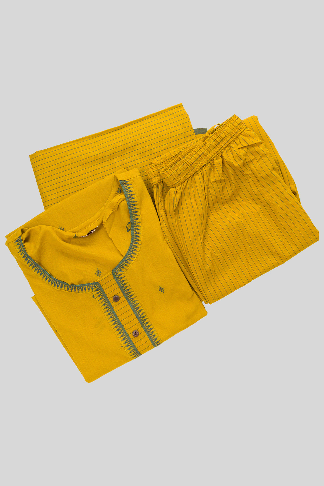 Flat lay of Mustard Pure Cotton Womens Kurta set featuring Thread Butta Kurta paired with Mustard Stripes bottom and a Thread Butta dupatta in Mustard