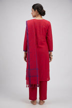Dark Pink Pure Cotton Womens Kurta set featuring Thread Butta Kurta paired with Dark Pink Thread Butta bottom and a Thread Butta dupatta in Dark Pink back image displayed on an AI model