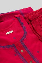 Detailed shot of Dark Pink Pure Cotton Womens Kurta set featuring Thread Butta Kurta paired with Dark Pink Thread Butta bottom and a Thread Butta dupatta in Dark Pink