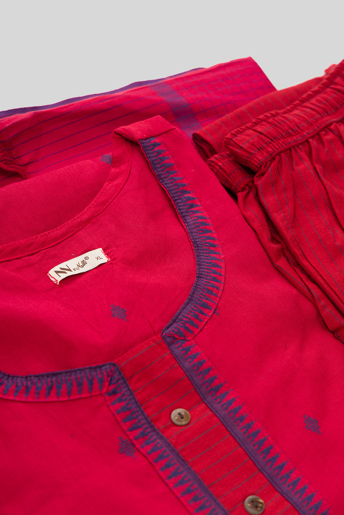 Detailed shot of Dark Pink Pure Cotton Womens Kurta set featuring Thread Butta Kurta paired with Dark Pink Thread Butta bottom and a Thread Butta dupatta in Dark Pink