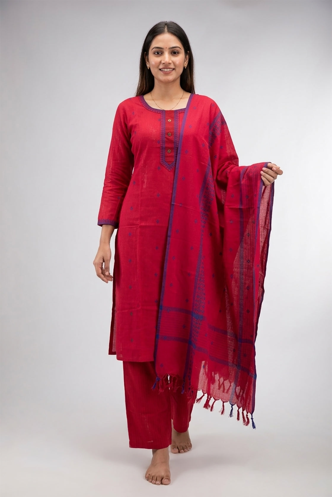 Dark Pink Pure Cotton Womens Kurta set featuring Thread Butta Kurta paired with Dark Pink Thread Butta bottom and a Thread Butta dupatta in Dark Pink