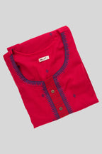 Top view of Dark Pink Pure Cotton Womens Kurta set featuring Thread Butta Kurta paired with Dark Pink Thread Butta bottom and a Thread Butta dupatta in Dark Pink