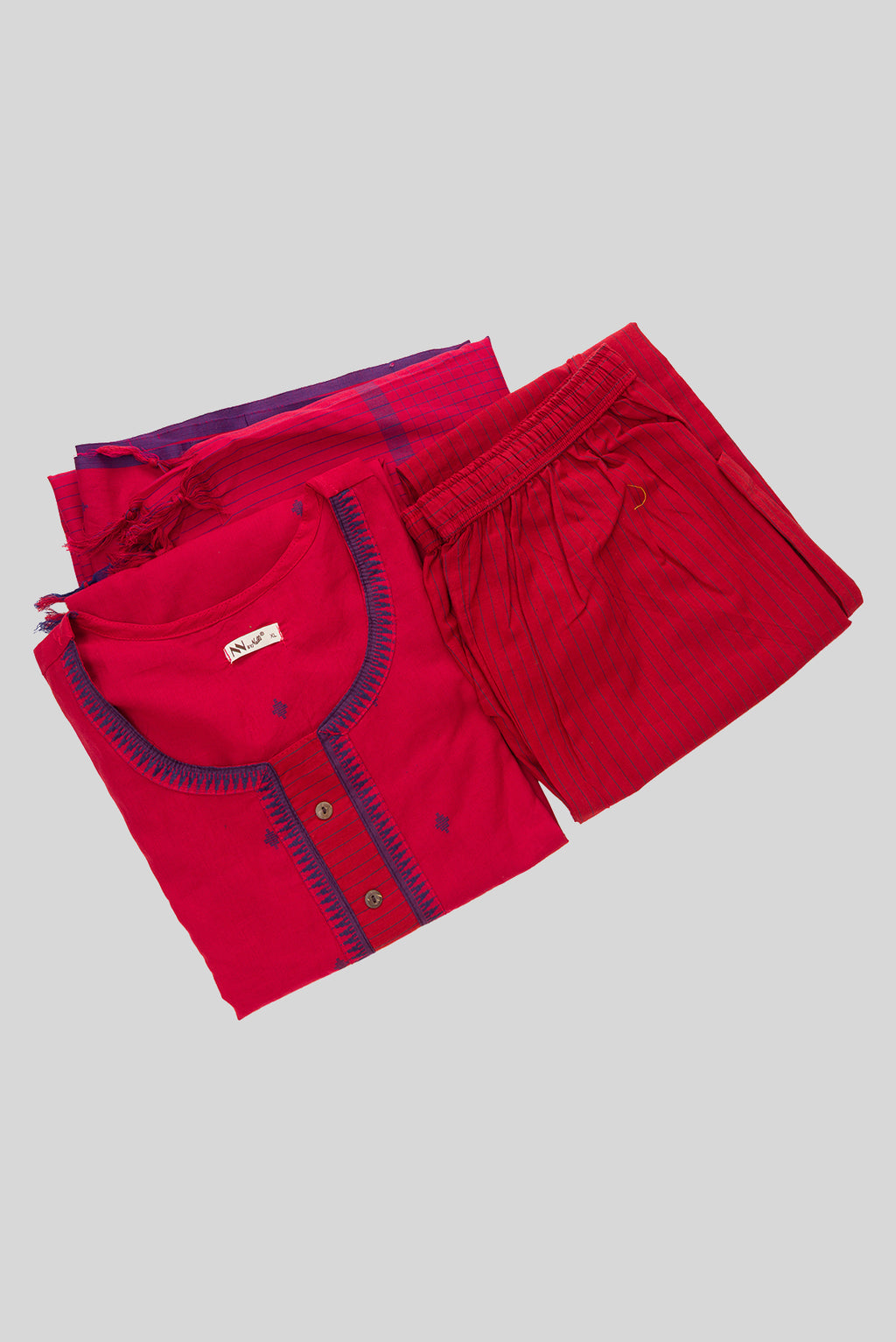 Flat lay of Dark Pink Pure Cotton Womens Kurta set featuring Thread Butta Kurta paired with Dark Pink Thread Butta bottom and a Thread Butta dupatta in Dark Pink