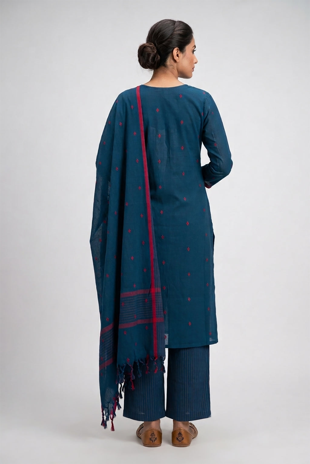 Maya Blue Pure Cotton Womens Kurta set featuring Thread Butta Kurta paired with Maya Blue Thread Butta bottom and a Thread Butta dupatta in Maya Blue back image displayed on an AI model