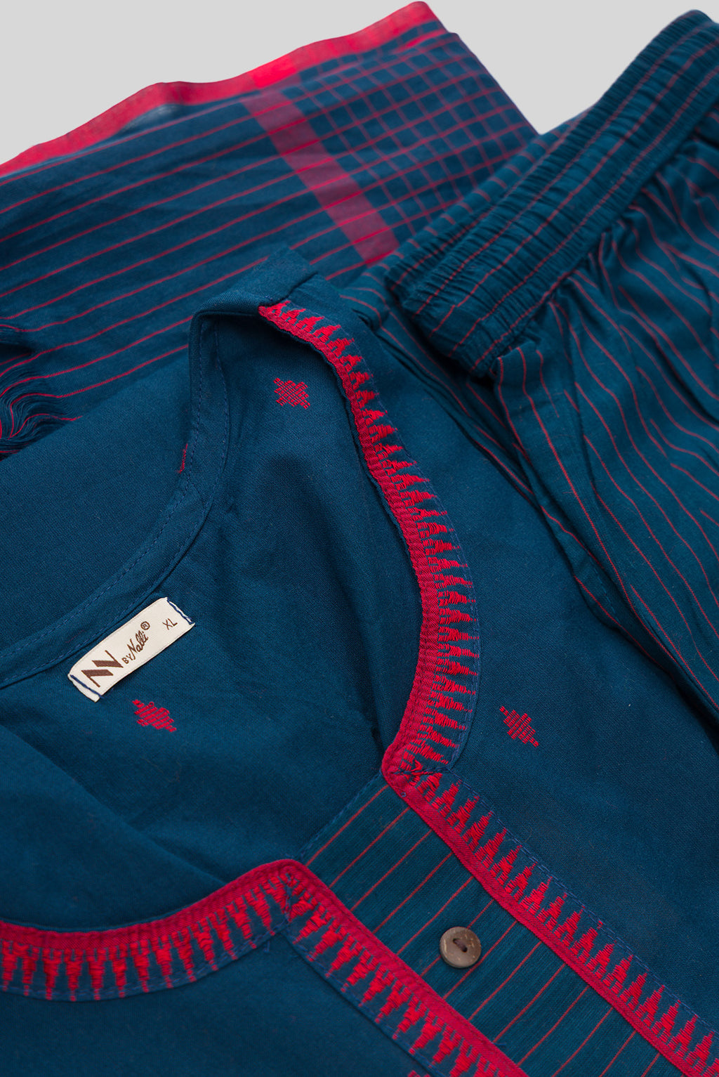 Detailed shot of Maya Blue Pure Cotton Womens Kurta set featuring Thread Butta Kurta paired with Maya Blue Thread Butta bottom and a Thread Butta dupatta in Maya Blue