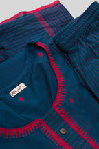 Detailed shot of Maya Blue Pure Cotton Womens Kurta set featuring Thread Butta Kurta paired with Maya Blue Thread Butta bottom and a Thread Butta dupatta in Maya Blue