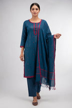 Maya Blue Pure Cotton Womens Kurta set featuring Thread Butta Kurta paired with Maya Blue Thread Butta bottom and a Thread Butta dupatta in Maya Blue