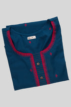 Top view of Maya Blue Pure Cotton Womens Kurta set featuring Thread Butta Kurta paired with Maya Blue Thread Butta bottom and a Thread Butta dupatta in Maya Blue