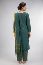 Green Pure Cotton Womens Kurta set featuring Thread Butta Kurta paired with Green Thread Butta bottom and a Thread Butta dupatta in Green back image displayed on an AI model