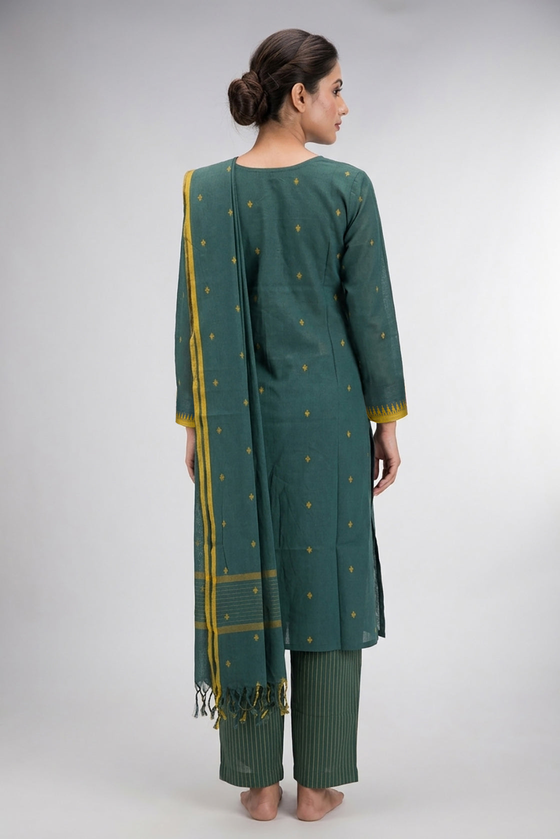 Green Pure Cotton Womens Kurta set featuring Thread Butta Kurta paired with Green Thread Butta bottom and a Thread Butta dupatta in Green back image displayed on an AI model