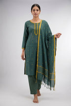 Green Pure Cotton Womens Kurta set featuring Thread Butta Kurta paired with Green Thread Butta bottom and a Thread Butta dupatta in Green