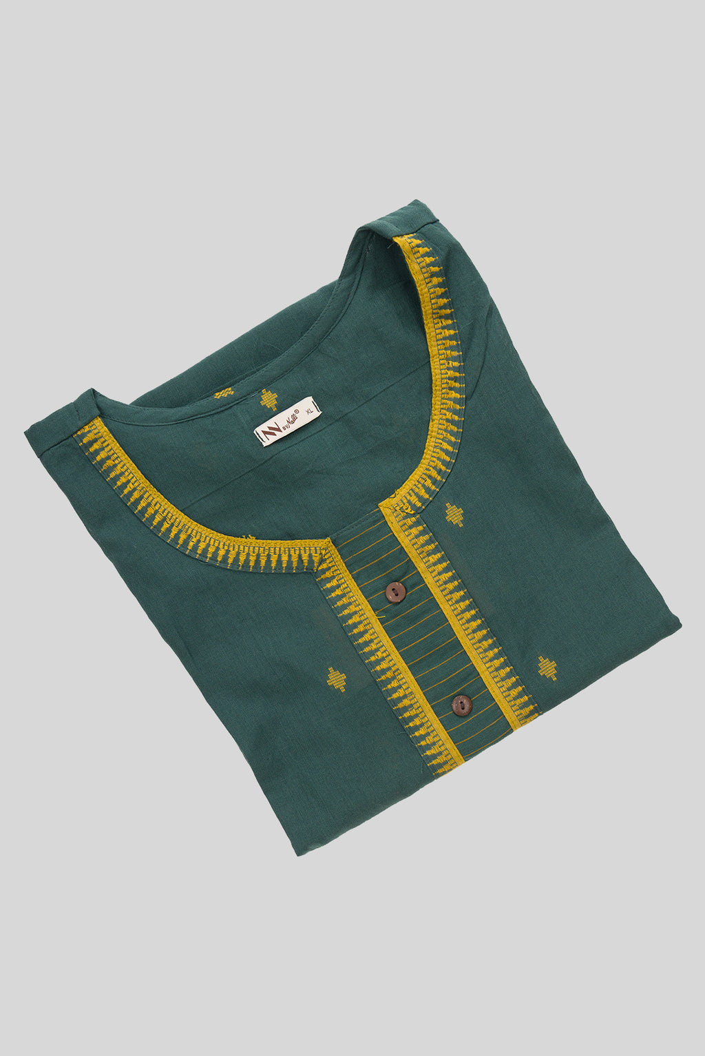 Top view of Green Pure Cotton Womens Kurta set featuring Thread Butta Kurta paired with Green Thread Butta bottom and a Thread Butta dupatta in Green