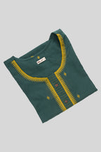Top view of Green Pure Cotton Womens Kurta set featuring Thread Butta Kurta paired with Green Thread Butta bottom and a Thread Butta dupatta in Green