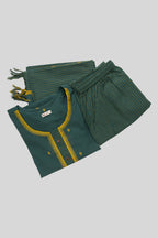 Flat lay of Green Pure Cotton Womens Kurta set featuring Thread Butta Kurta paired with Green Thread Butta bottom and a Thread Butta dupatta in Green