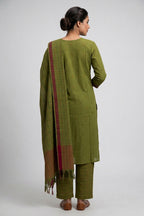 Green Pure Cotton Womens Kurta set featuring Thread Butta Kurta paired with Green Thread Butta bottom and a Thread Butta dupatta in Green back image displayed on an AI model