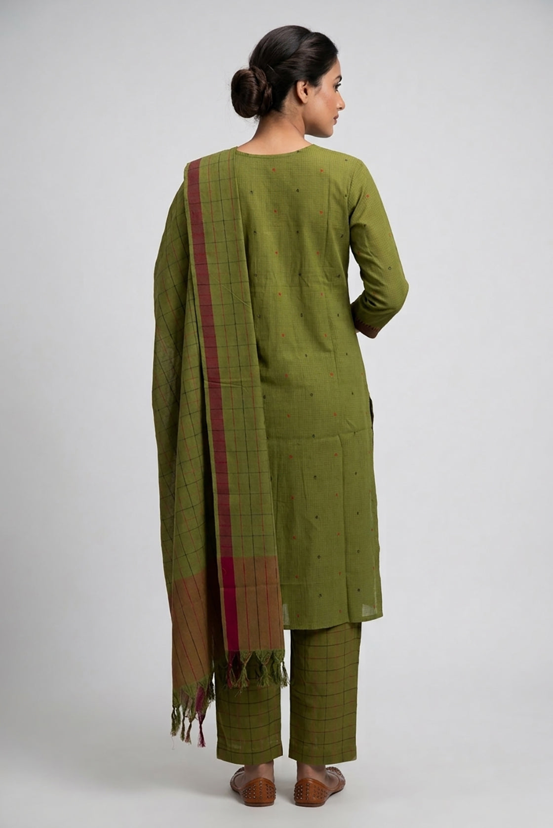 Green Pure Cotton Womens Kurta set featuring Thread Butta Kurta paired with Green Thread Butta bottom and a Thread Butta dupatta in Green back image displayed on an AI model