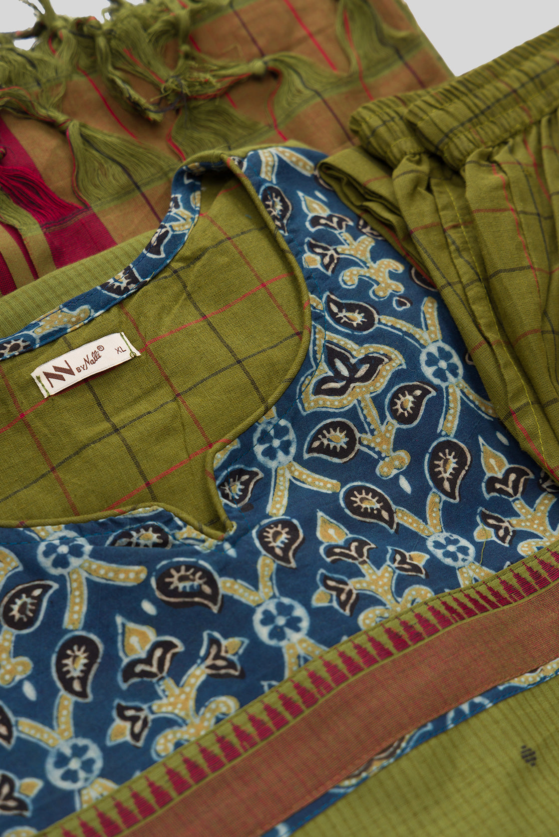 Detailed shot of Green Pure Cotton Womens Kurta set featuring Thread Butta Kurta paired with Green Thread Butta bottom and a Thread Butta dupatta in Green